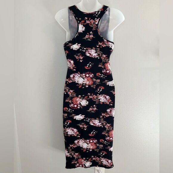 Spark Black Floral Print Midi Form Fitting Sleeveless Dress Size Large - Picture 2 of 7